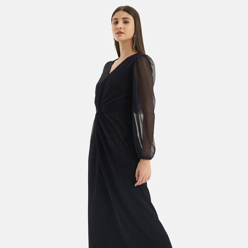 Adrianna Papell Mesh Metallic Sheath Surplice Neckline Long Mesh Sleeves Metalli